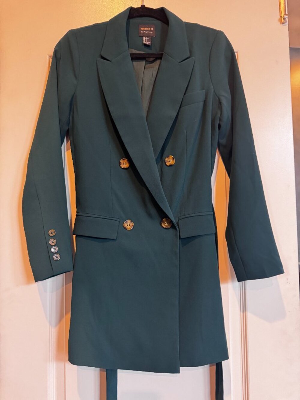 Forever 21 Contemporary Green Belted Blazer Coat Small Double Breasted - Picture 6 of 10